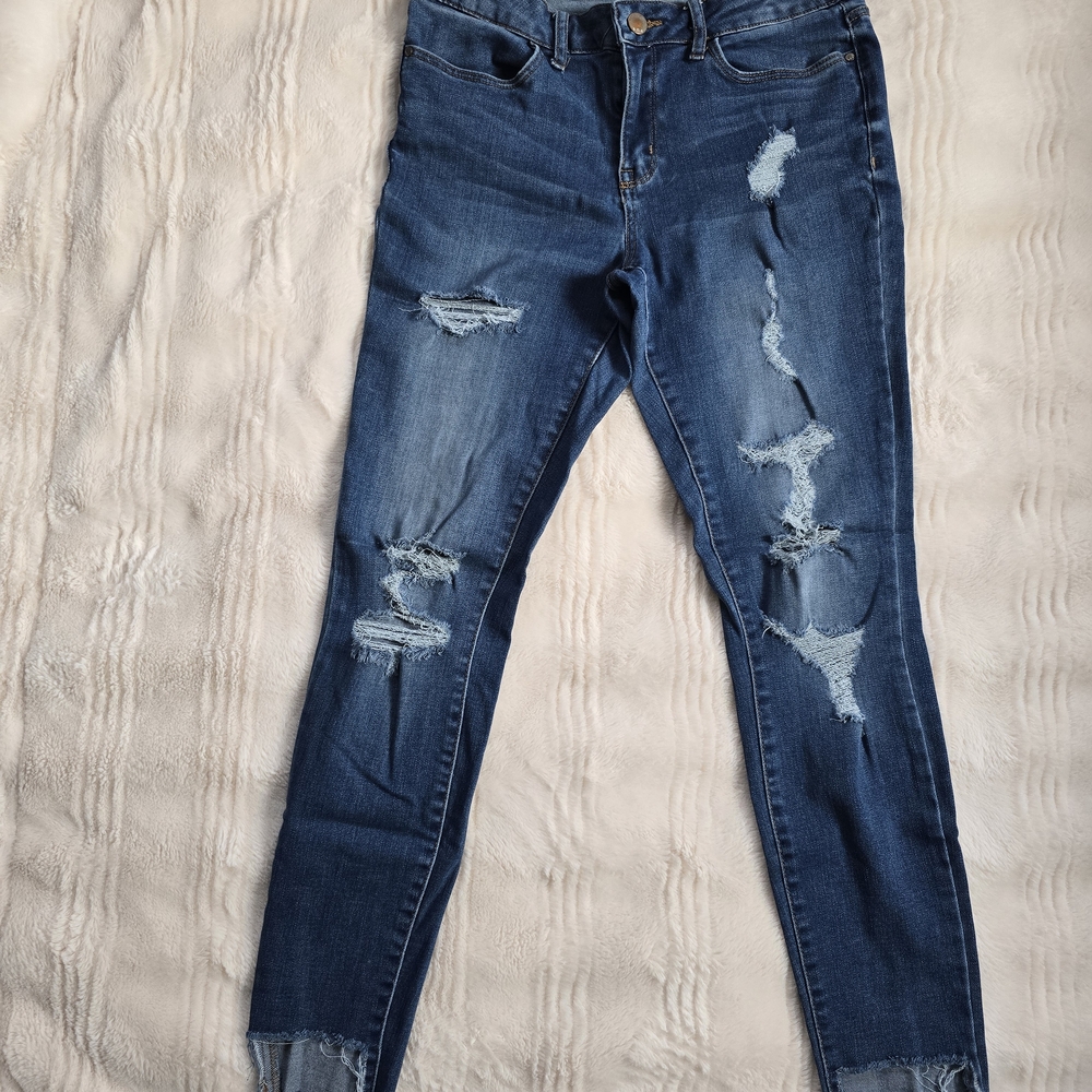 a.n.a Dark Blue Distressed Skinny Jeans - Picture 1 of 11